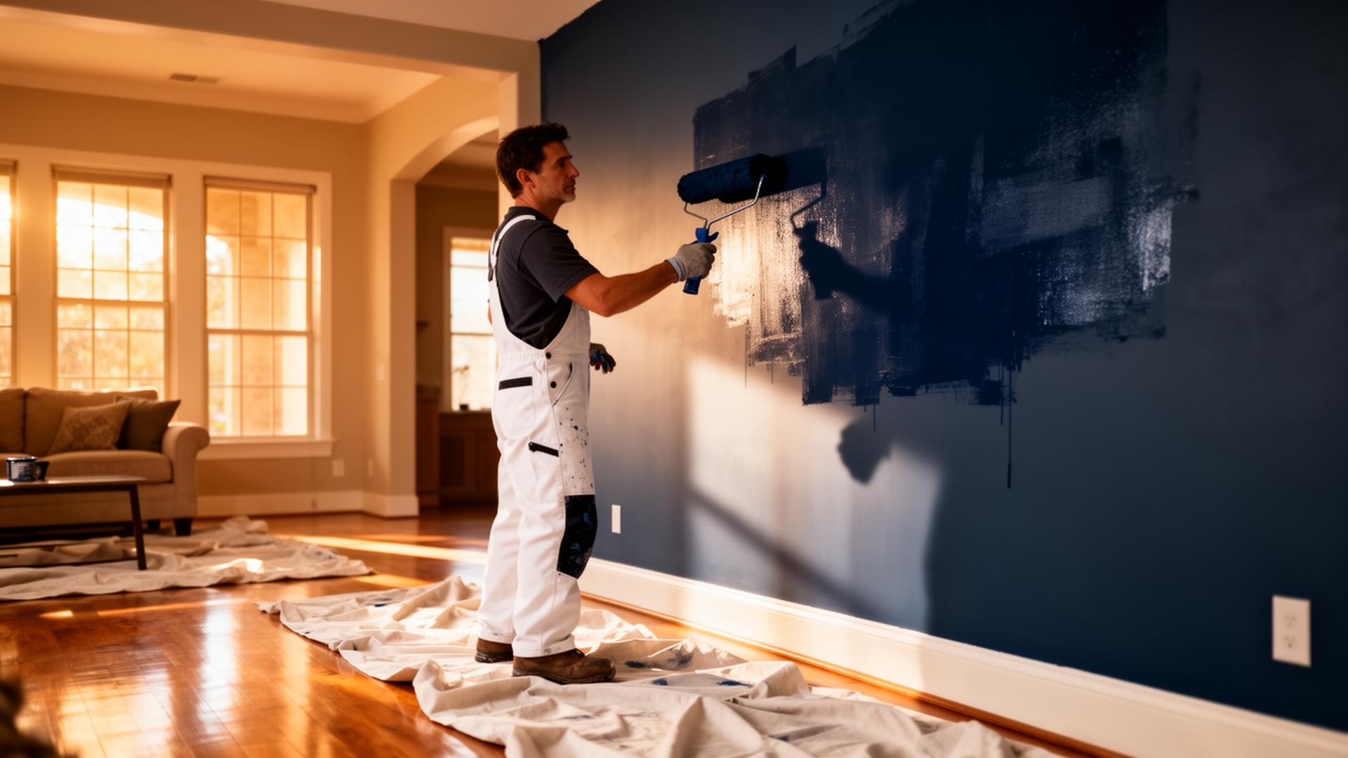 Professional painter painting interior wall of a Texas home